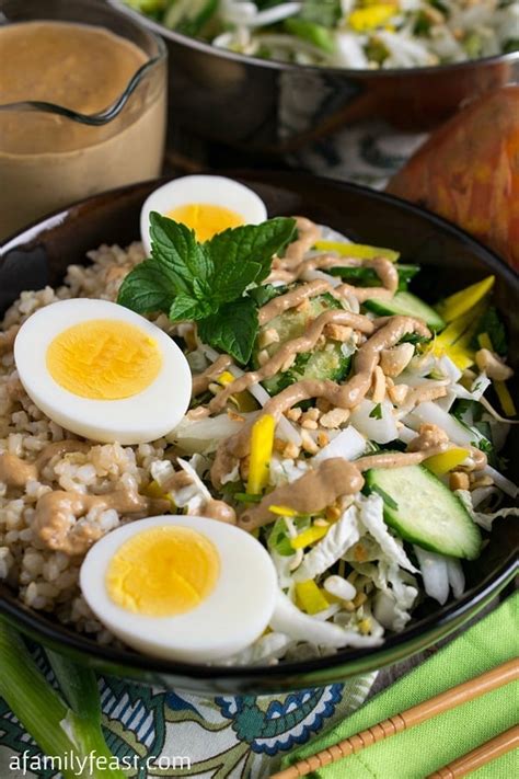 Crunchy Vegetable Rice Bowl with Warm Peanut Sauce - A Family Feast®