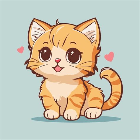 Cute Cartoon Kitten with Hearts Kawaii Style Vector Character | Premium ...