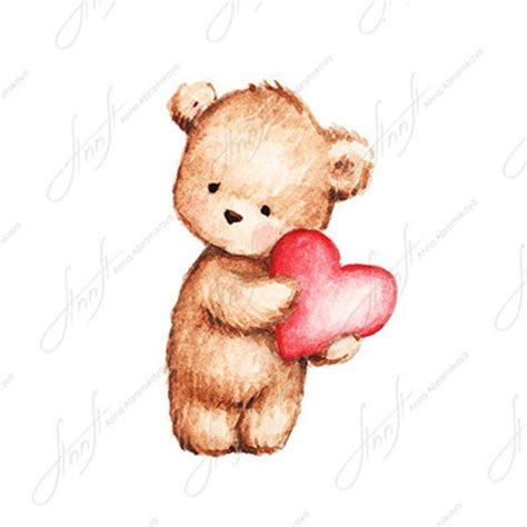 The Drawing of Cute Teddy Bear With Red Heart. Printable Art. - Etsy