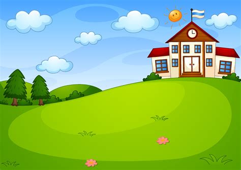 School with green meadow scene cartoon style 2025896 Vector Art at Vecteezy