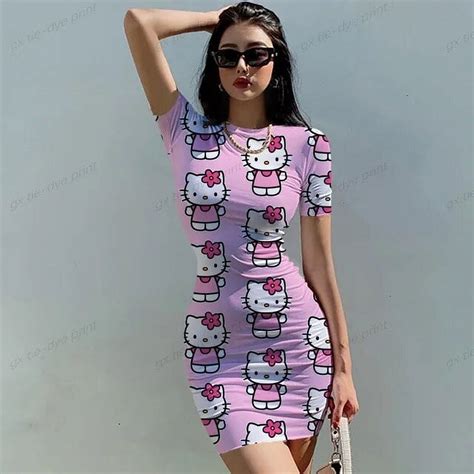 2024 Hello Kitty Woman Dresses Elegant Dress Office Tight Slim Lady O ...