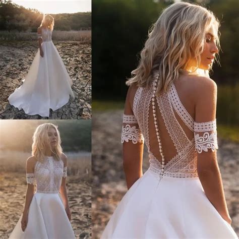 Bohemian Wedding Dresses 2019 Lace Satin Bridal Gowns Button Back A ...