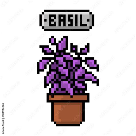 Purple basil bush growing in a pot, pixel art herb icon isolated on ...