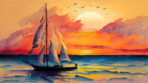 Premium AI Image | Watercolor art Ocean sunset with sailboat