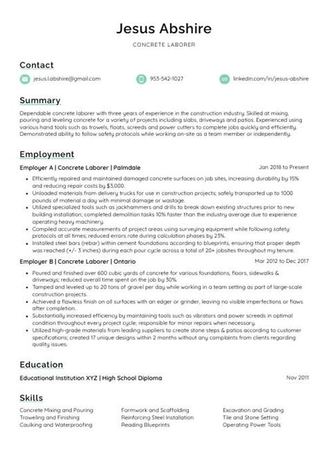 Concrete Laborer Resume (CV) Example and Writing Guide