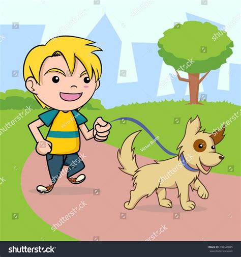 Kid Walking Dog Park Vector Illustration เวกเตอร์สต็อก ปลอดค่า