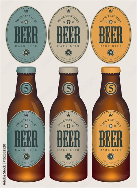 Three template beer labels and neck labels on glass bottles with caps ...