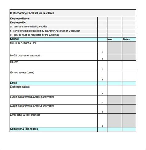 it services onboarding checklist excel format template download Make A ...