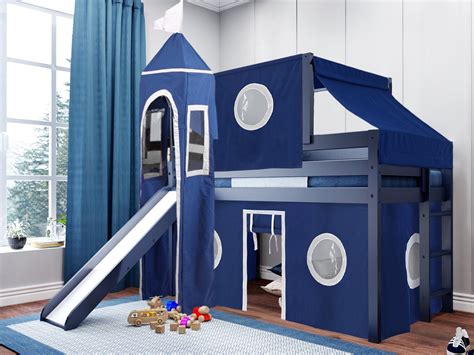 JACKPOT! Castle Low Loft Bed with Slide Blue & White Tent and Tower ...