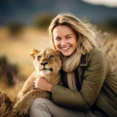 Premium Photo | Smiling blonde woman hugging a lion cub