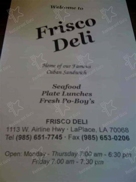 Menu at Frisco Deli restaurant, LaPlace, W Airline Hwy