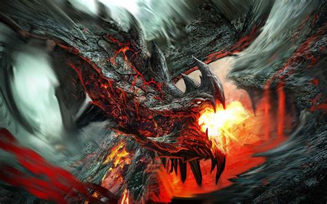 Black and red dragon breathing fire digital wallpaper, dragon, fantasy ...