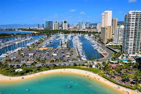 Aerial View of Ala Wai Harbor and Downtown in Honolulu, O’ahu, Hawaii ...