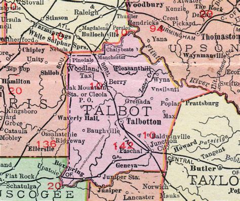 Talbot County, Georgia, 1911, Map, Talbotton, Woodland, Junction City ...