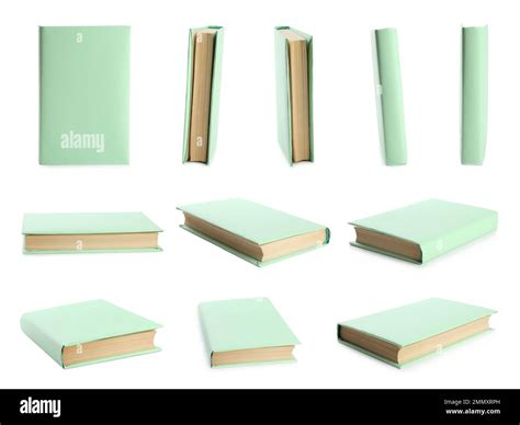 Set of light green cover books on white background Stock Photo - Alamy