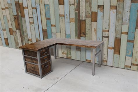 Rustic L-Shaped Desk w/ Cabinet Wood Butcher Top steel legs