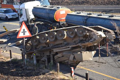 South African Army tank (Olifant? Centurion?) that fell off its tank ...