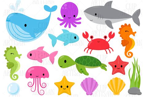 Sea Animals Clip Art, Ocean Creatures (438428) | Illustrations | Design Bundles