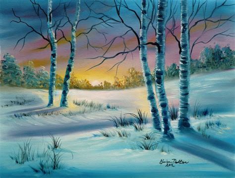 Pastel sunset on the snow with pretty white Birch Trees. Marion Dutton ...