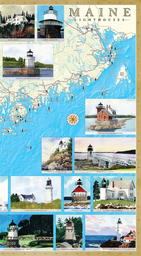 Maine Lighthouses Illustrated Map Poster. Beautiful Watercolor - Etsy