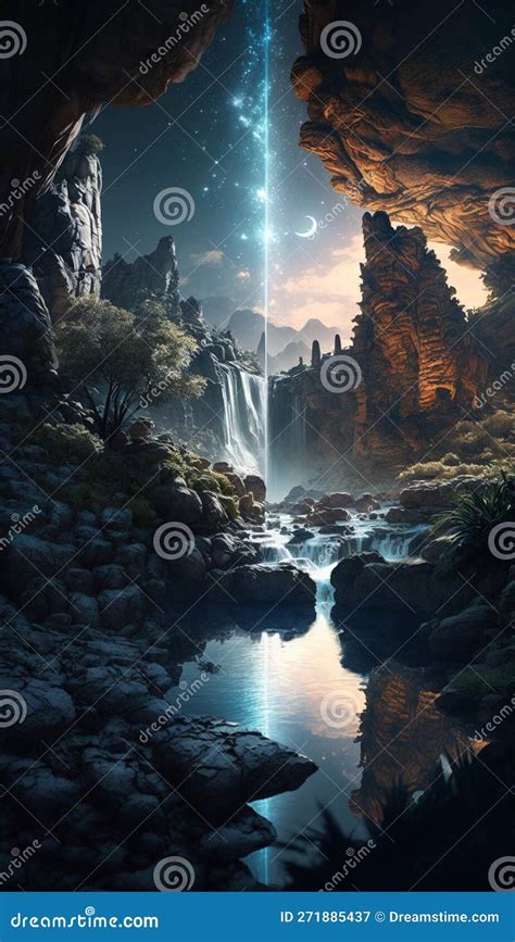 Mystical Magical Waterfall in the Mountains Stock Illustration ...