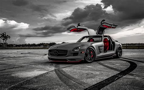 Mercedes-Benz SLS AMG, luxury supercar, graphite, tuning SLS, red lines ...