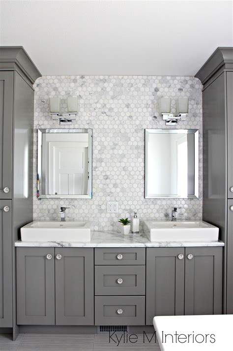 Double vanity in bathroom painted Benjamin Moore Chelsea Gray, hexagon ...