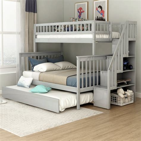 EUROCO Twin Over Full Bunk Bed with Trundle and Stairs for Kids ...