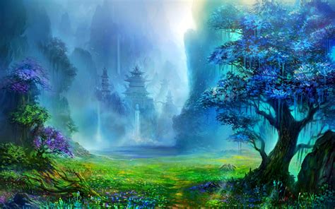 fantasy art pagoda asian architecture trees waterfall artwork mountain ...