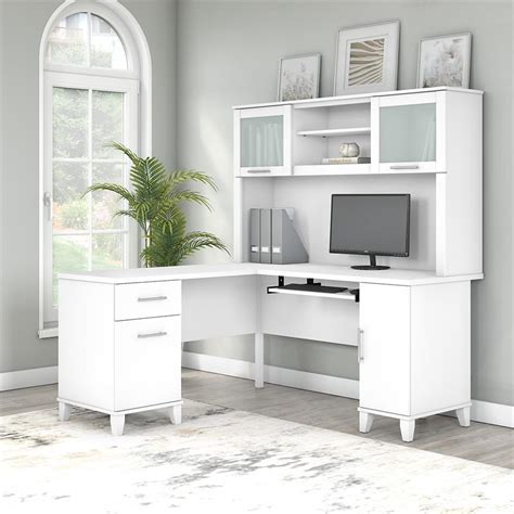 Somerset 60W L Shaped Desk with Hutch in White - Engineered Wood ...