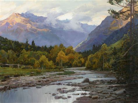 Aleksandr Babich, Russian Painter Evening | Mountain landscape painting ...