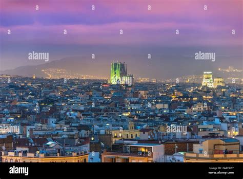 Barcelona Spain, aerial view night city skyline at city center Stock ...