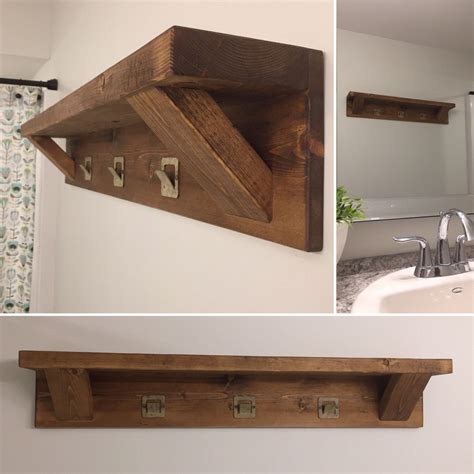 Wall shelf with hanging hooks...solid wood rustic shelf.. farmhouse ...