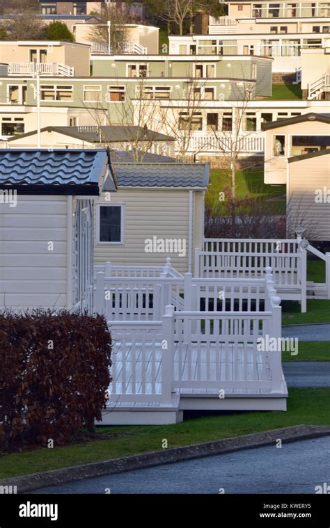 Mobile homes or holiday caravans on a camping site at Whitecliff bay ...