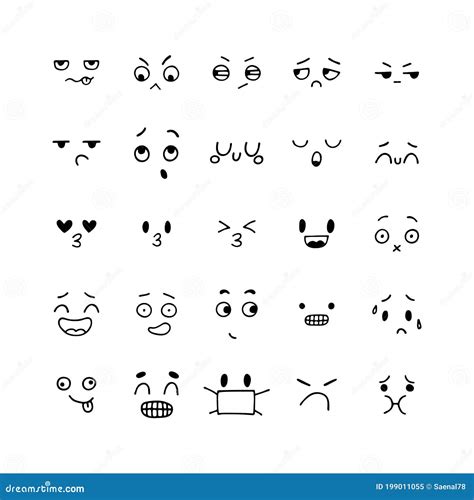 Emoji Icons. Hand Drawn Funny Smiley Faces. Happy Kawaii Style ...