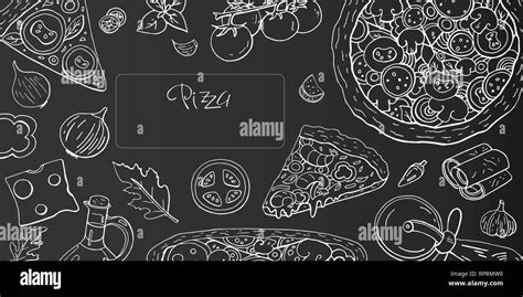 Vintage horizontal pizza banner on black background. Vector doodle ...