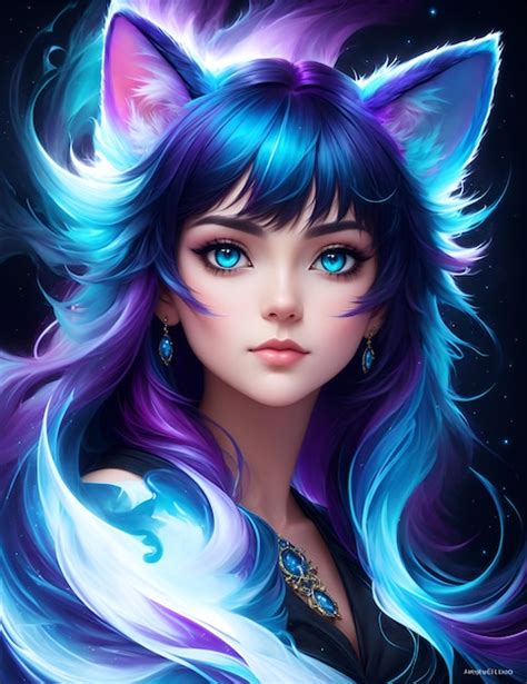 Anime girl with blue hair and a cat ears wallpaper | Premium AI ...