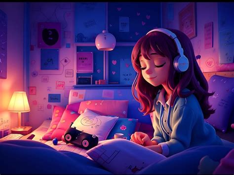 Premium AI Image | Lofi music beautiful girl listen music and sleeping ...