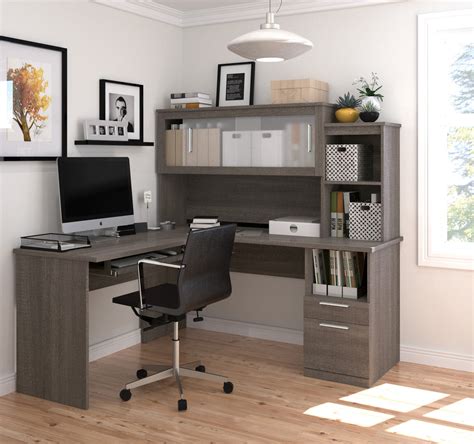 L-shaped Office Desk and Hutch with Frosted Glass Doors in Bark Gray ...