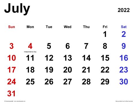 July 2022 Calendar | Templates for Word, Excel and PDF