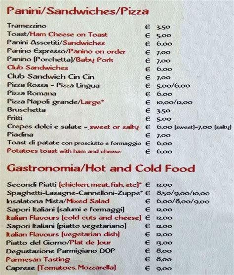 Menu at Cin Cin Bar, Rome, Via Cesare Battisti