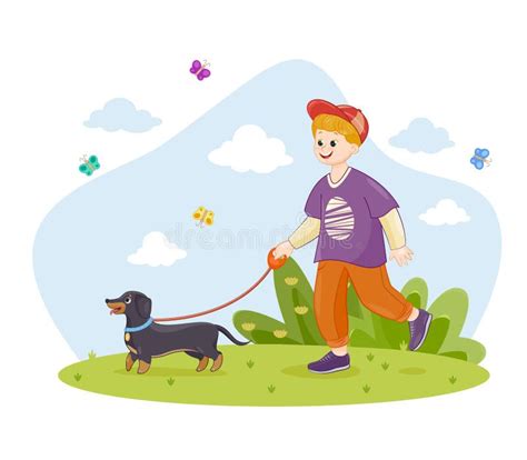 Boy Walking His Dog Outdoors Stock Vector Illustration Of Garden