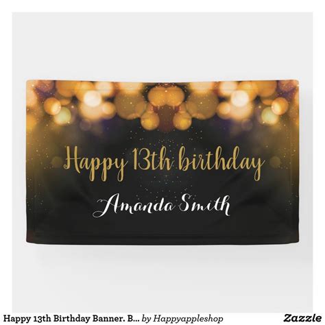 Happy 13th Birthday Banner. Black and Gold Glitter Banner 90th Birthday ...