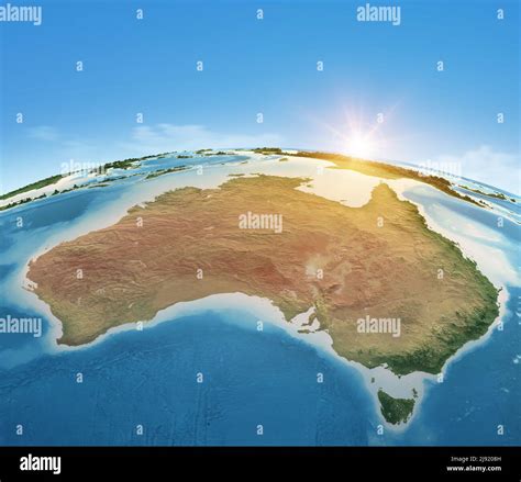 Physical map of Planet Earth, focused on Australia. Satellite view, sun ...