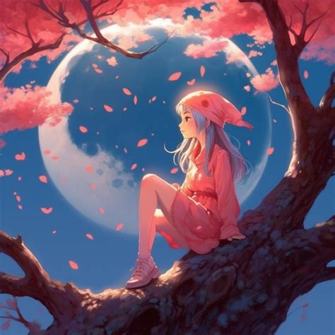 Premium AI Image | Anime girl sitting on a tree branch with a full moon ...