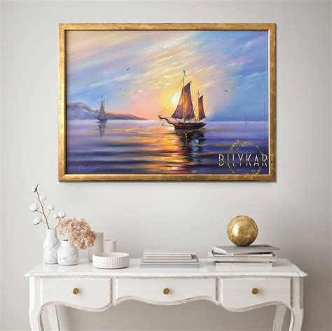 Boat Sailing Into Sunset Oil Painting Calming Artwork Gold - Etsy