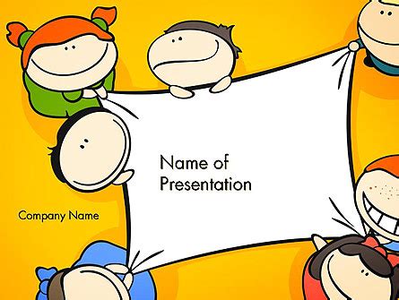 Cute Cartoon Kids Holding a Canvas Presentation Template for PowerPoint ...