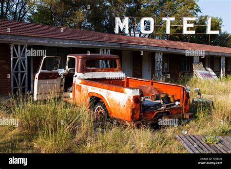 An abandoned truck in the Paradise Motel parking lot on Route 66 on the ...