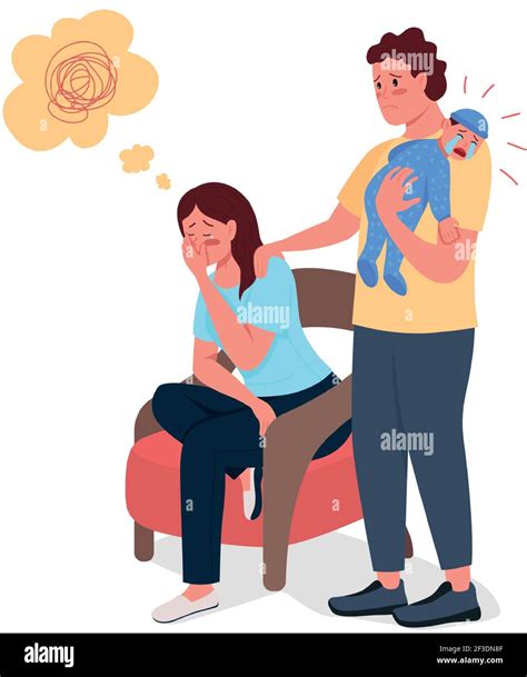 Tired mother with husband and newborn baby flat color vector detailed ...