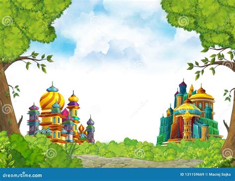 Cartoon Scene with Beautiful Medieval Castles - Far East Kingdom - with ...